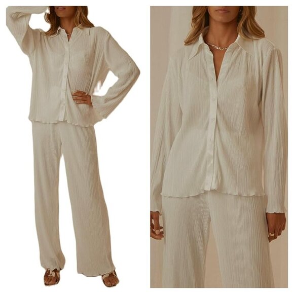 Amazon Matching Set Plisse Button Down Shirt and Wide Leg Pants White Women's S - Picture 10 of 10
